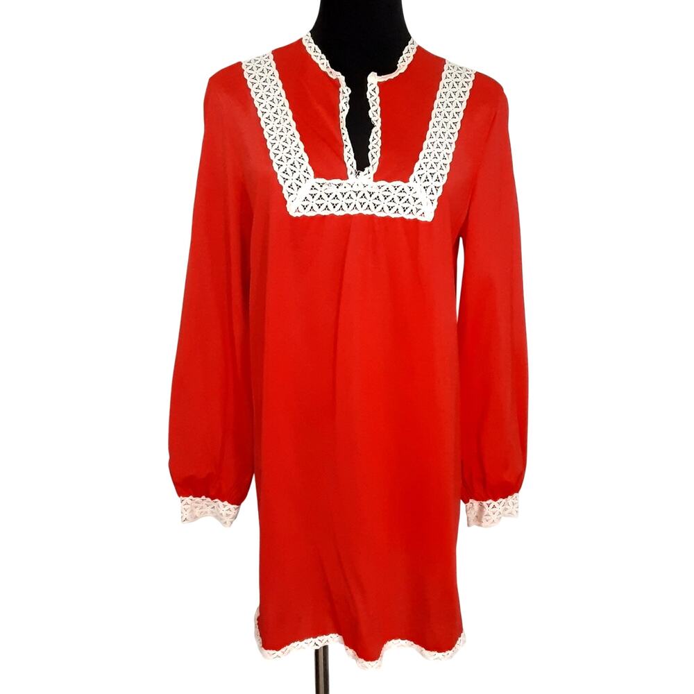 Vintage 60s Nylon Satin Lace Nightgown Sleep Shirt Cherry Red Nightie Womens L